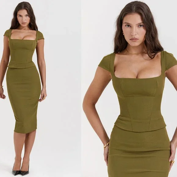 layana olive corset midi dress HOUSE OF CB 'Layana' Olive Corset Midi Dress NWOT